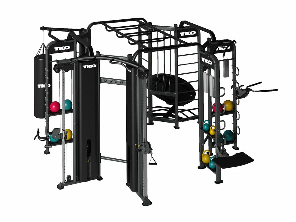 TKO Stretching + Boxing + Rebounder + Cables Station – Multi-Station Functional Training Unit with Dual Stacks, Pull-Up Bars & Monkey Bars
