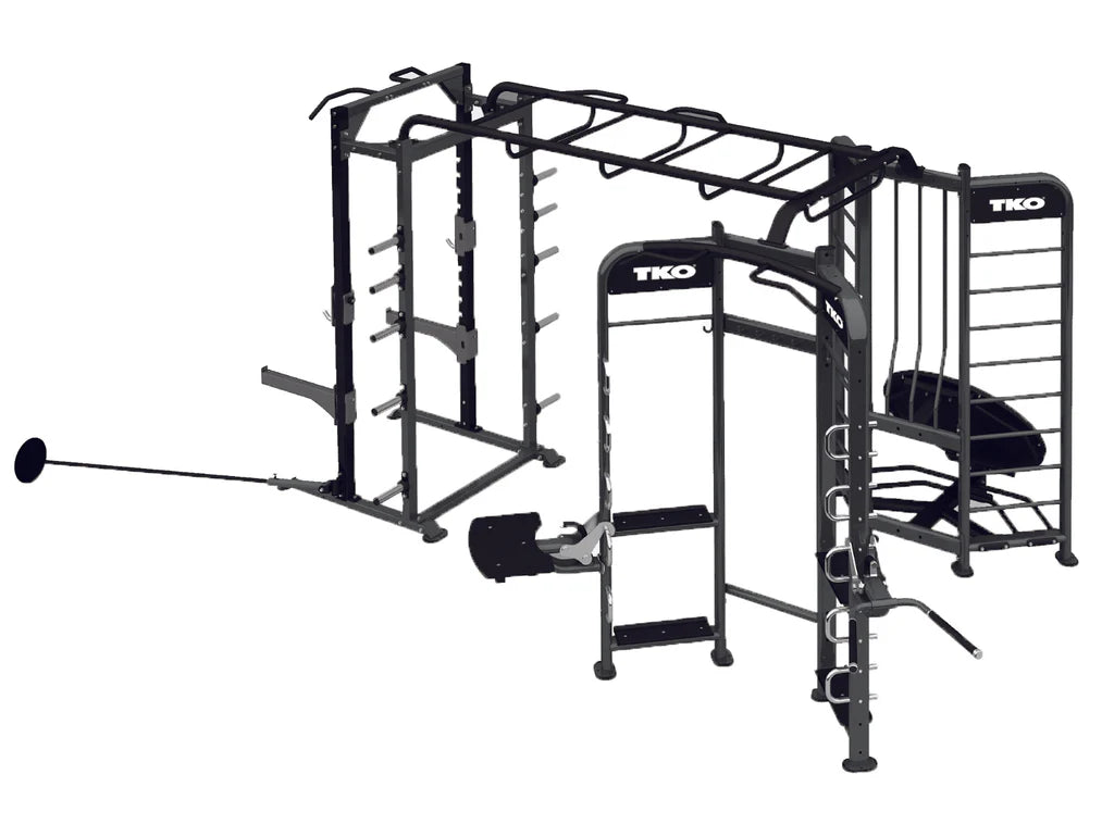 TKO Stretching + Rebounder + Power Rack Station – Integrated Group Functional Trainer with Pull-Up Stations & Monkey Bars