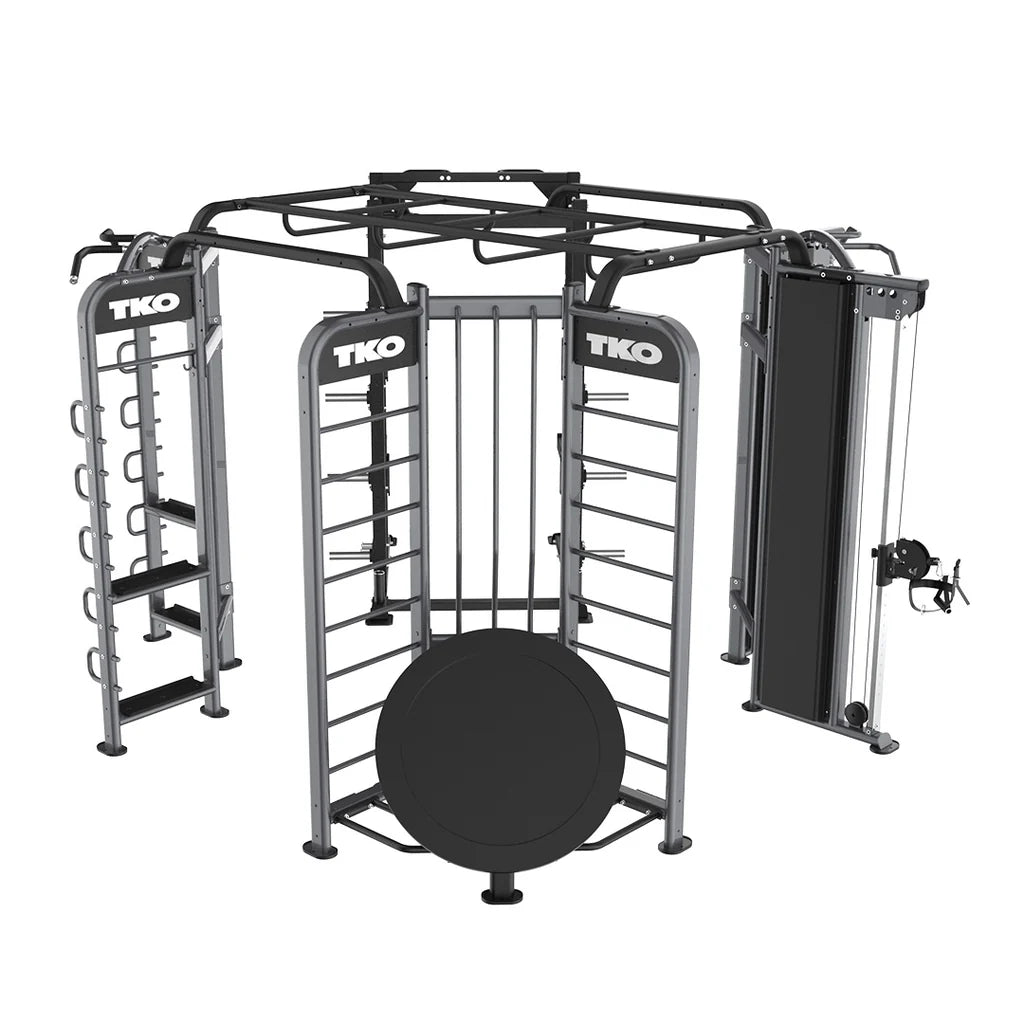 TKO Functional Trainer Rebounder Power Rack Station – Dual Stack Cable Trainer with Rebounder, Half Power Cage & Monkey Bars