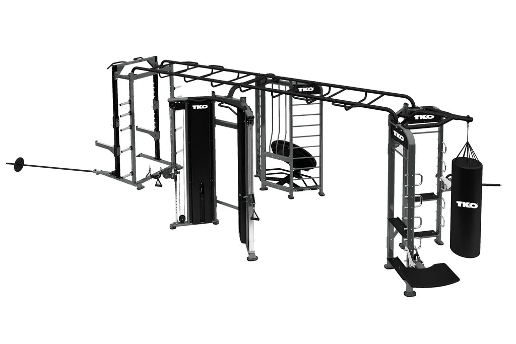 TKO Stretching + Boxing + Rebounder + Power Rack Station – Multi-Station Functional Trainer with Dual Cable Stacks, Combat Zone & Half Power Cage