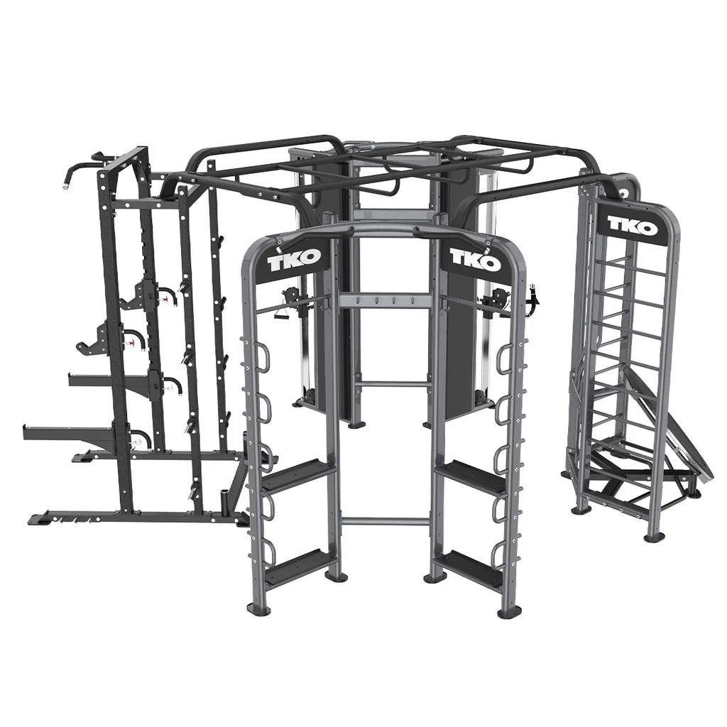 TKO Functional Trainer Rebounder Power Rack Station – Dual Stack Cable Trainer with Rebounder, Half Power Cage & Monkey Bars