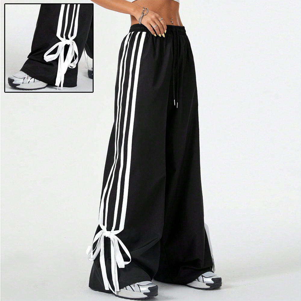 High Waist Wide Leg Pants Women's Spring Summer New Style Three Bars Drawstring Cuffed Straight Casual Extended Sports Trousers