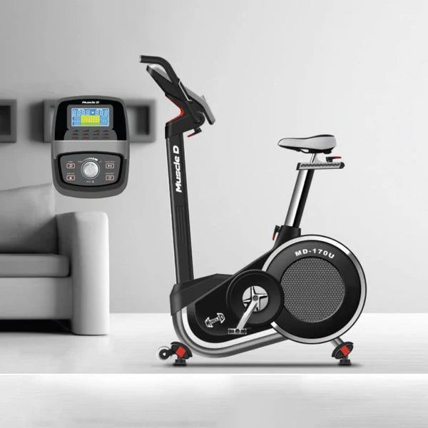Light Commercial Upright Bike - Muscle D Fitness - LED Display - Heart Rate Monitor - Adjustable Seat - On Wheels for Easy Movement