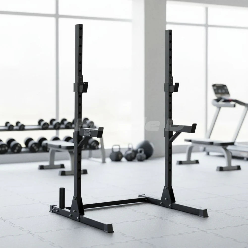 Compact Squat Stand - Muscle D Fitness - Adjustable Safety Guards - Vertical Bar Storage - Home Gym