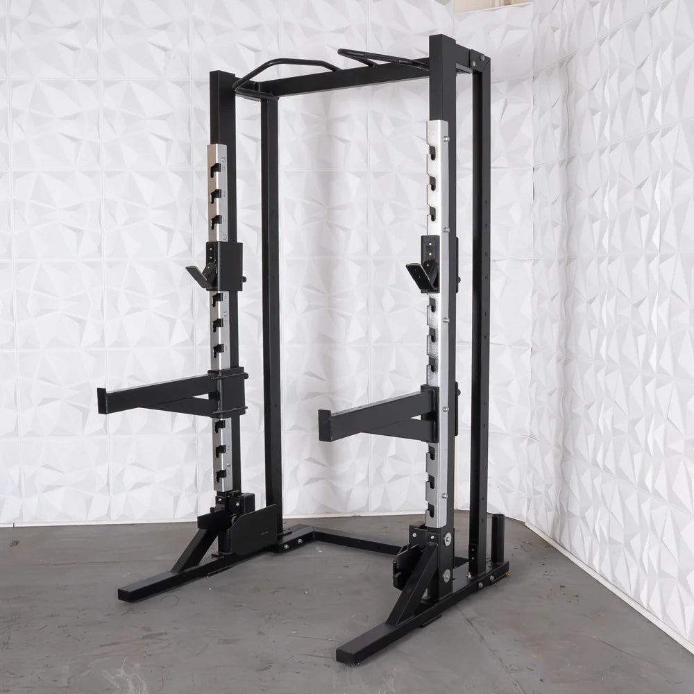 Deluxe Half Rack - Muscle D Fitness - Heavy Duty - Adjustable Safety Bars - Pull Up - Vertical Olympic Bar Storage