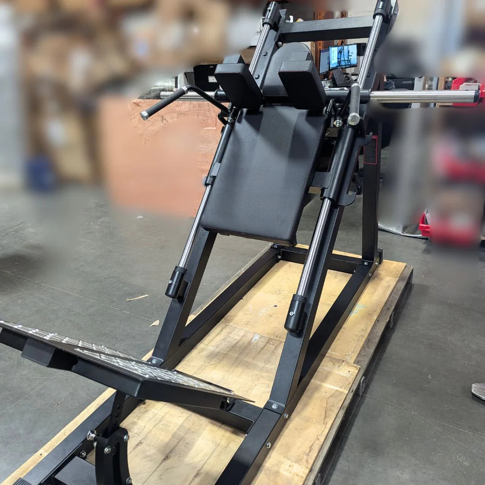 Excel Open Linear Bearing Hack Squat - Muscle D Fitness - Plate Load Squat Machine - Plate Storage Pegs - Adjustable Foot Plate