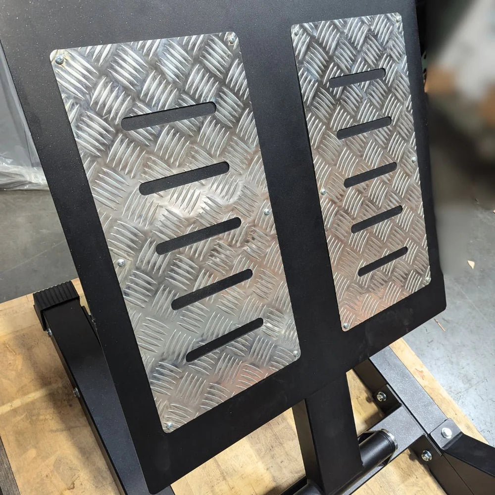 Excel Open Linear Bearing Hack Squat - Muscle D Fitness - Plate Load Squat Machine - Plate Storage Pegs - Adjustable Foot Plate