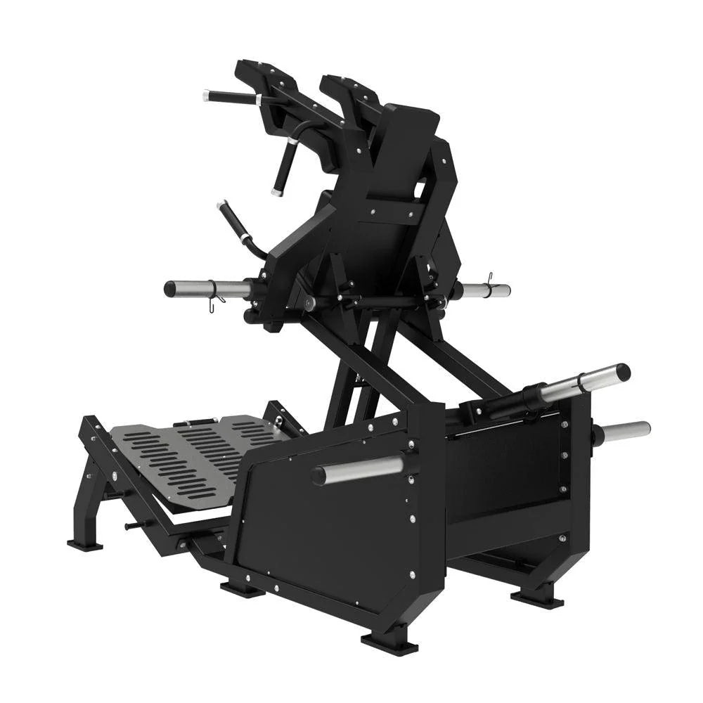 Excel Glute Line Hack Squat / Front Squat - Muscle D Fitness - Plate Load Squat Machine - Counter Balanced - Plate Storage Pegs