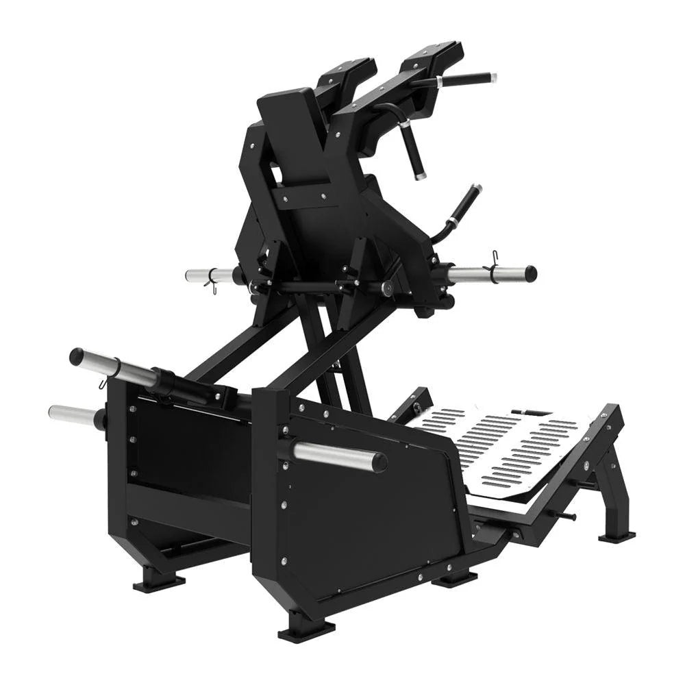 Excel Glute Line Hack Squat / Front Squat - Muscle D Fitness - Plate Load Squat Machine - Counter Balanced - Plate Storage Pegs