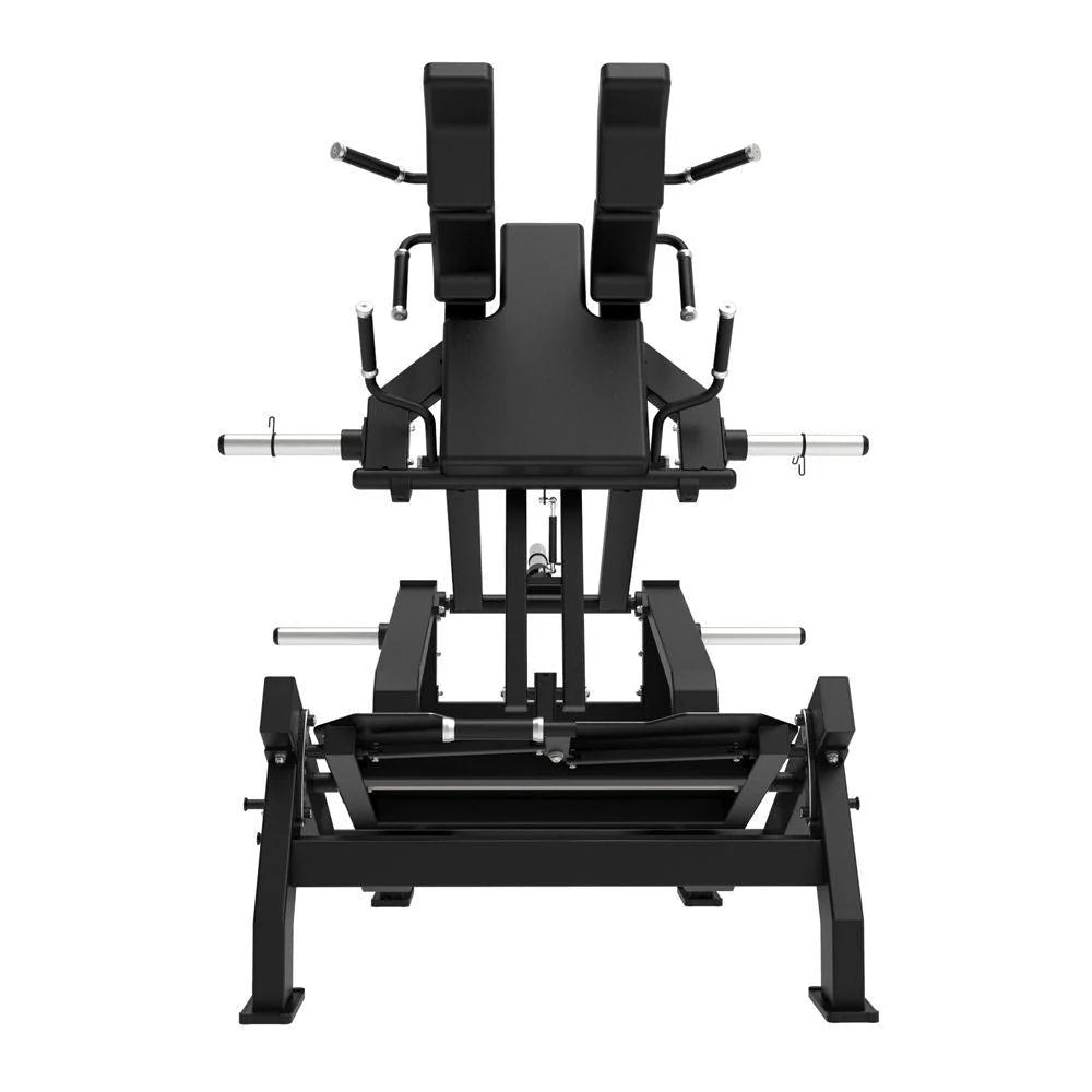 Excel Glute Line Hack Squat / Front Squat - Muscle D Fitness - Plate Load Squat Machine - Counter Balanced - Plate Storage Pegs